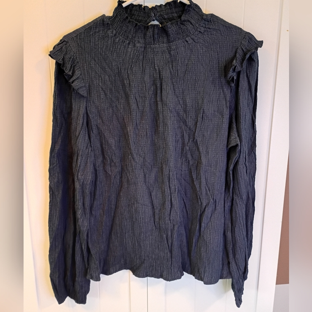 Cupshe Navy Ruffled Mock-Neck Long Sleeve Top